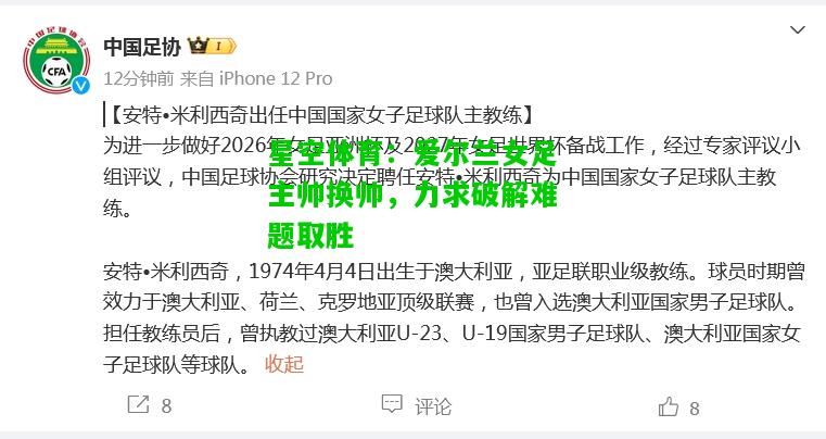 爱尔兰女足主帅换帅，力求破解难题取胜